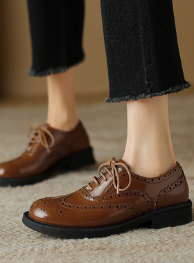 3cm小皮鞋女英伦风新款秋季系带单鞋棕色平底乐福鞋子棕色牛津鞋