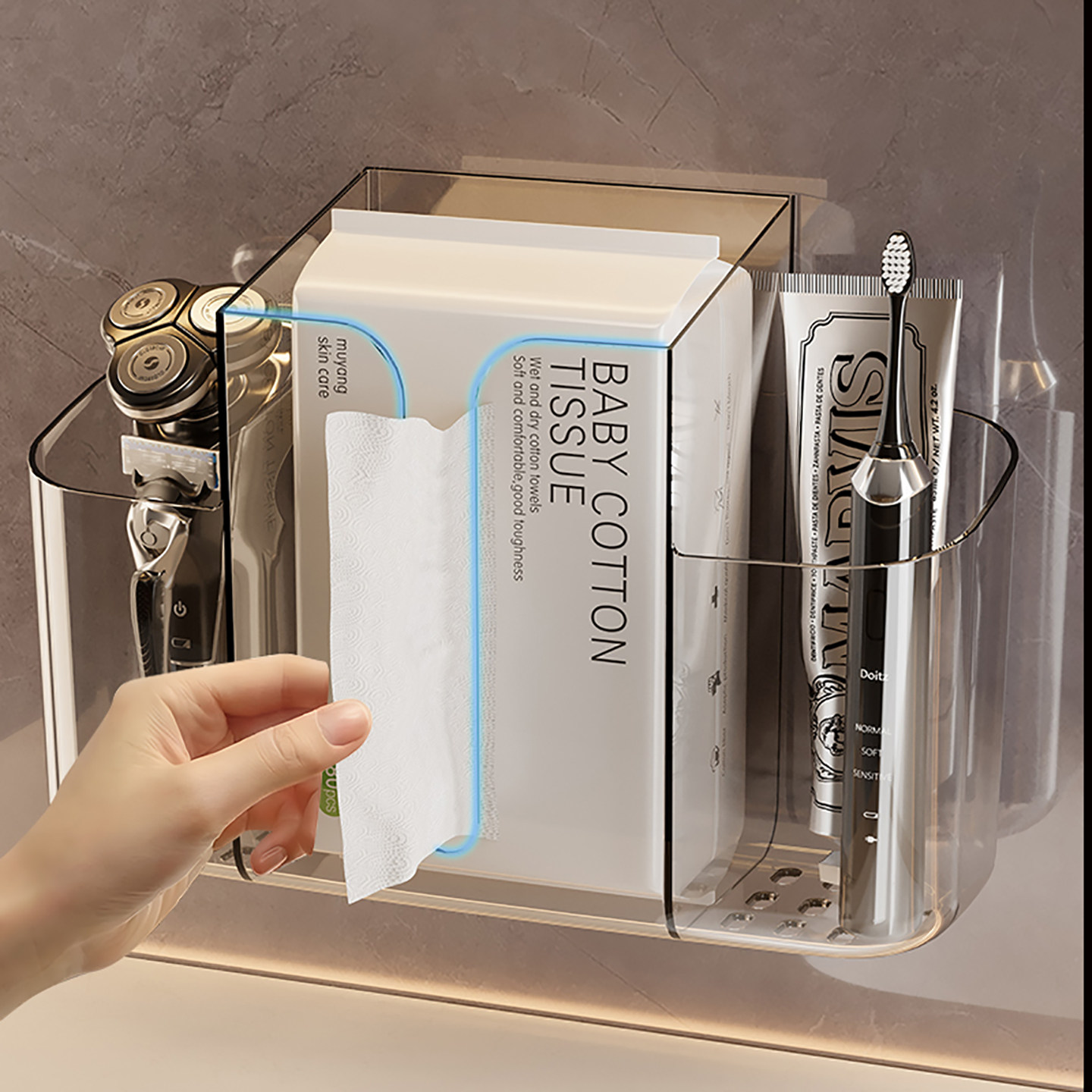 洗脸巾收纳盒家用多功能浴室洗手台壁挂牙刷剃须刀梳子纸巾置物架,收纳整理,洗脸巾收纳盒,淘宝优惠券,粉丝福利购,淘宝优惠卷