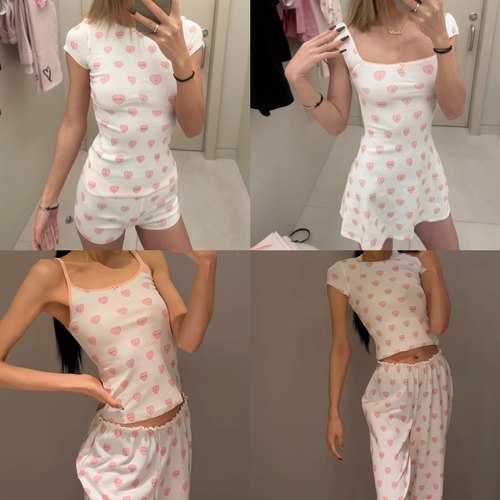 情人节限定skims爱心LOGO镂空棉质短袖短裤套装连衣裙吊带长裤