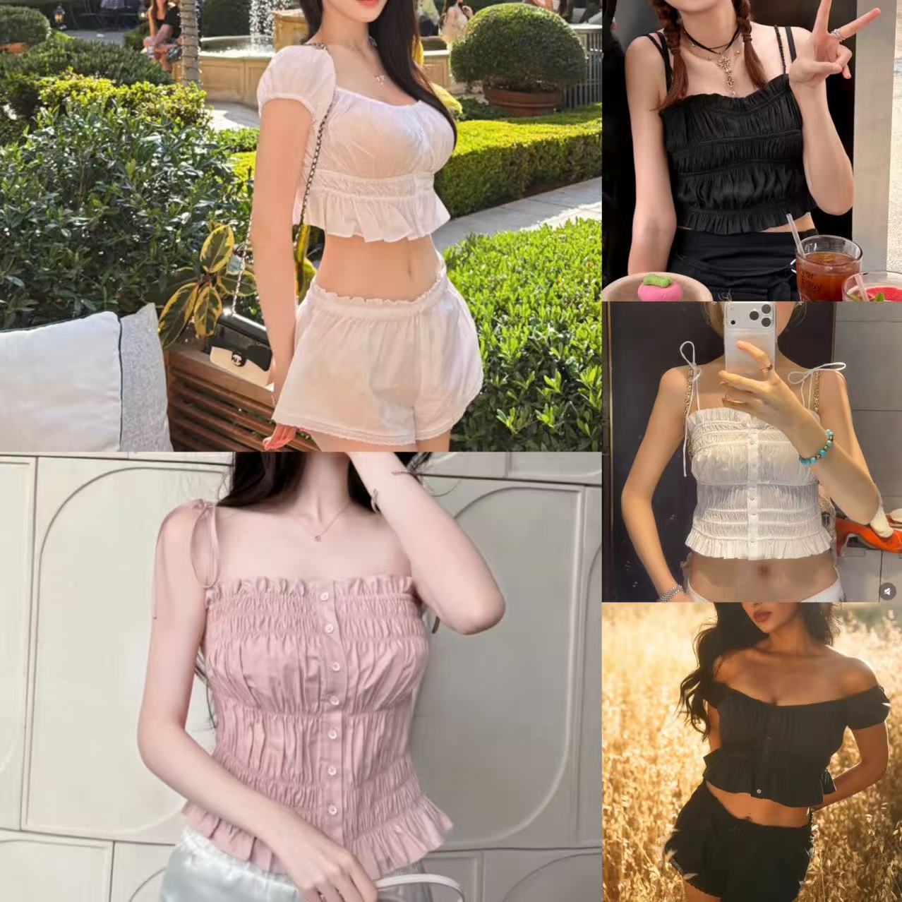 夏季新款skims辣妹方领泡泡袖修身显瘦吊带上衣休闲百搭短裙套装										