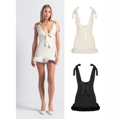 SKIMS卡戴珊 圣诞限定白雪缎面蝴蝶结肩带吊带辣妹性感毛毛短裙