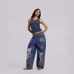 金属圆环镂空做旧水洗破洞牛仔裤 Jaded London