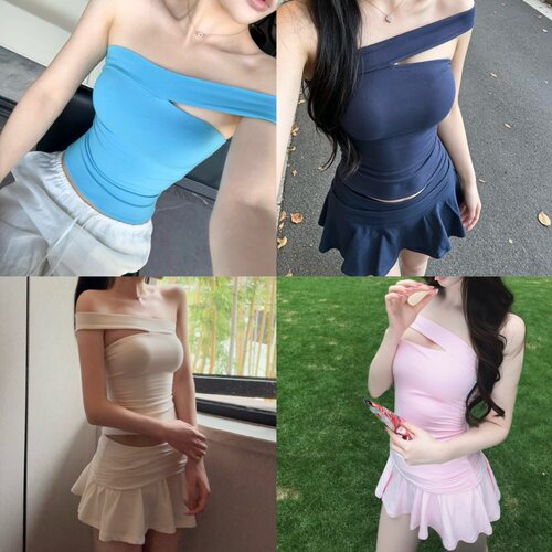 2026夏季新款skims女装纯色修身短裙时尚斜领吊带抹胸露肩背心女
