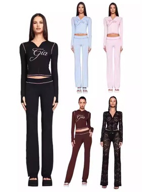 IAMUBABA现货iamgia修身字母设计款连帽拉链短外套喇叭裤时尚套装