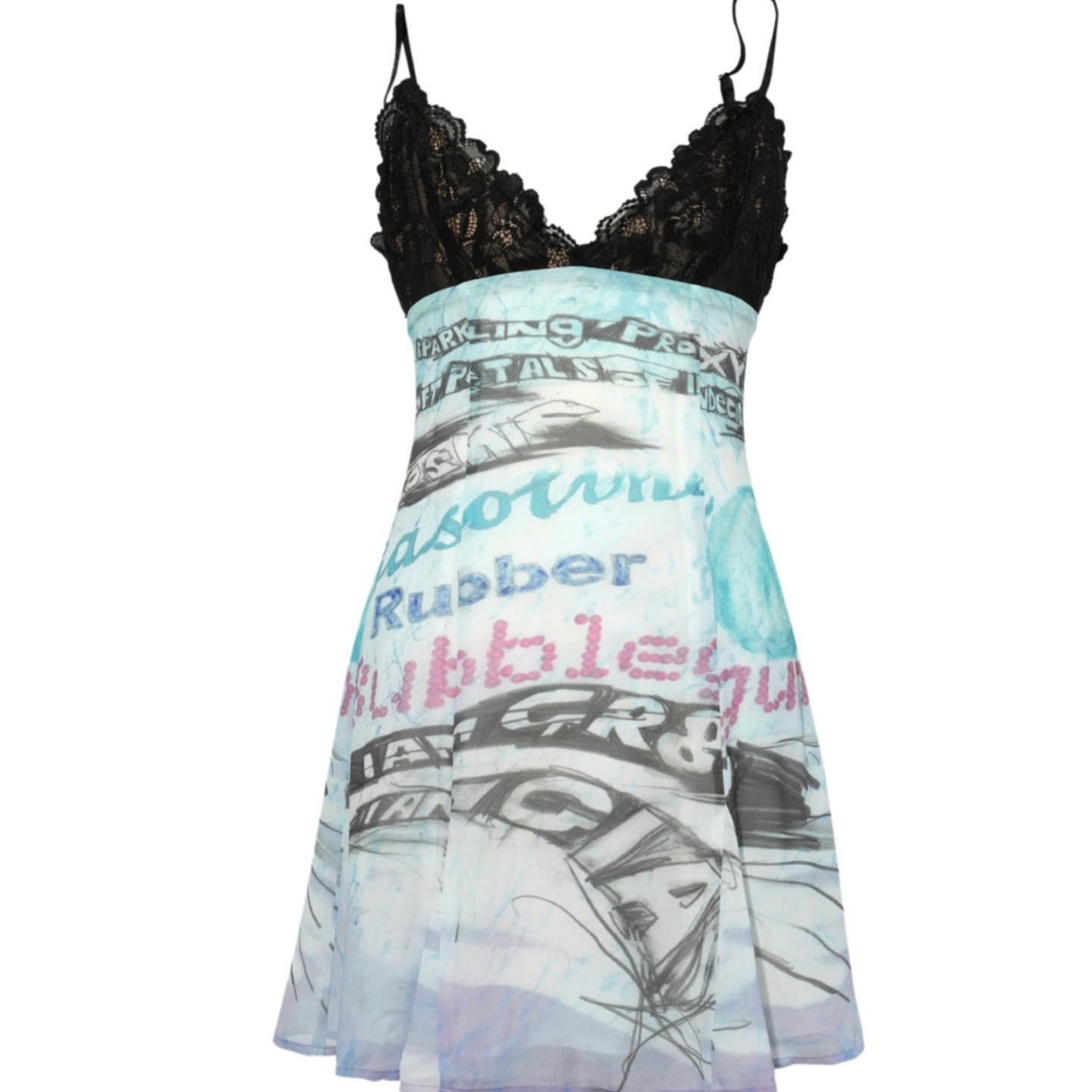 IAMGIA日本限定涂鸦印花蕾丝连衣裙 性感辣妹吊带深v领短裙