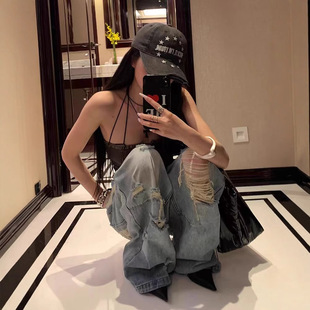 辣妹街头风宽松直筒破洞磨痕牛仔长裤 复古做旧 女 London Jaded