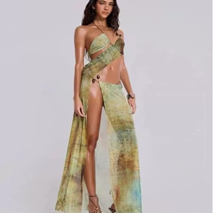 修身 IAMUBABA 性感镂空挂脖露背绑带长款 London 辣妹沙滩裙 Jaded