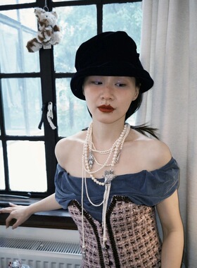 KHY自制西太后风格一字肩荡领褶皱背心 金靖同款土星五金上衣女