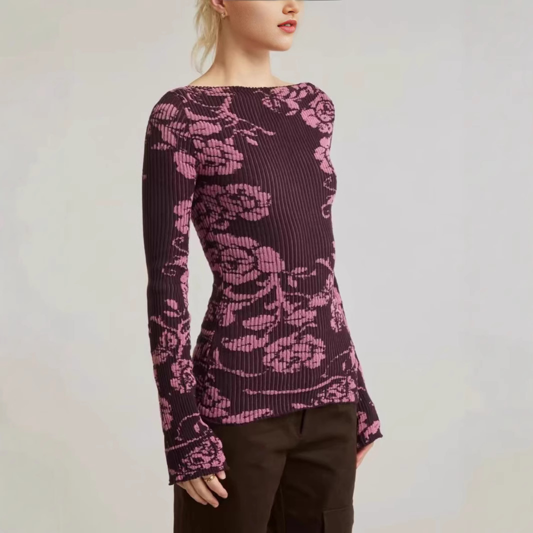 玫瑰印花羊毛修身长袖圆领T恤