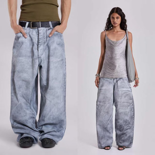长裤 做旧休闲水洗褶纹复古阔腿宽松牛仔裤 London Jaded