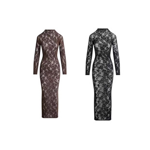 SKIMS秋冬新款时尚性感蕾丝半高领长袖修身内搭辣妹连衣裙女