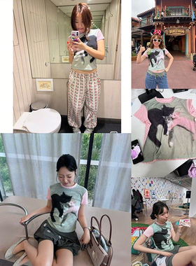 Ash 26SS新款猫咪印花修身短袖T恤女百搭显瘦上衣