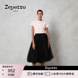 女士春夏蝴蝶结点缀可爱粉色圆领短袖 REPETTO丽派朵 T恤上衣