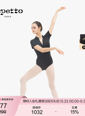 REPETTO丽派朵 女士黑色背部蕾丝紧身弹力支撑拉链短袖连体舞蹈服
