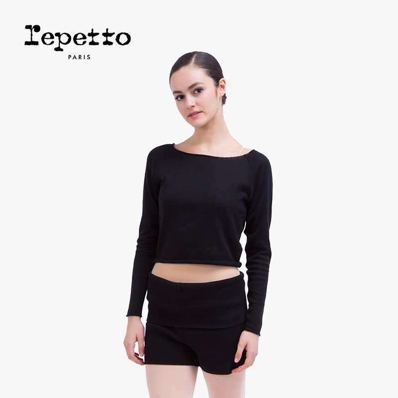 REPETTO丽派朵 女士黑色针织弹力舒适长袖棉纺短款保暖上衣舞蹈服