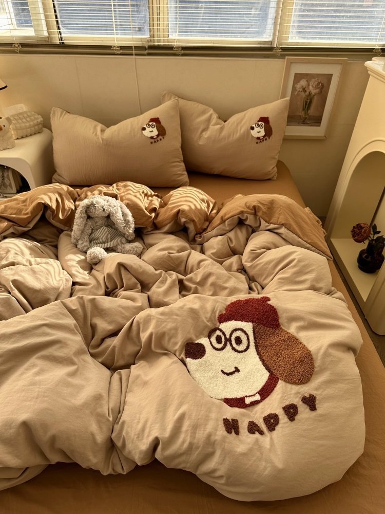 温柔ins少女可爱卡通狗狗毛巾绣水洗棉四件套床单纯色被套三件套