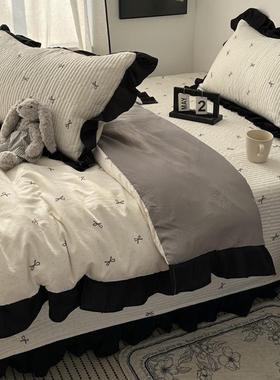 法式少女赫本风黑色花边针织水洗棉床盖款四件套床上用品双人被套