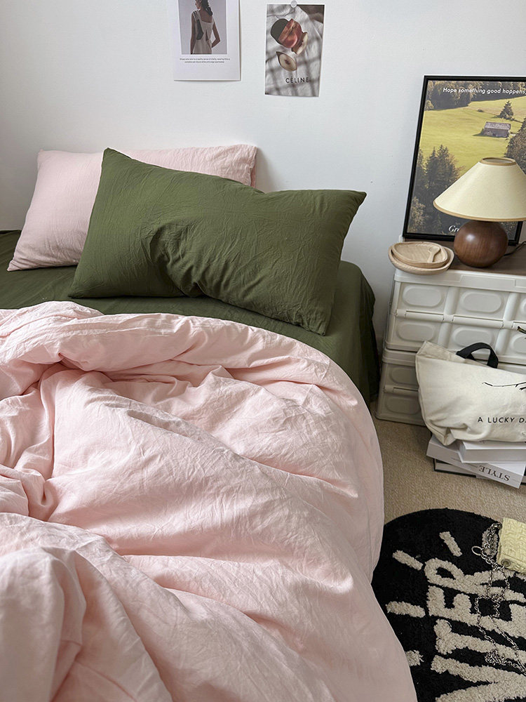 韩系纯色小清新ins混搭风水洗棉四件套床单裸睡被套三件套1.8床笠