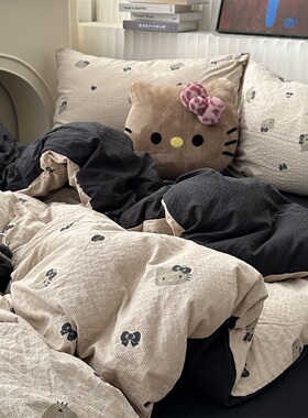 卡通ins少女可爱黑皮KT猫泡芙水洗棉四件套床单学生三件套床笠1.8