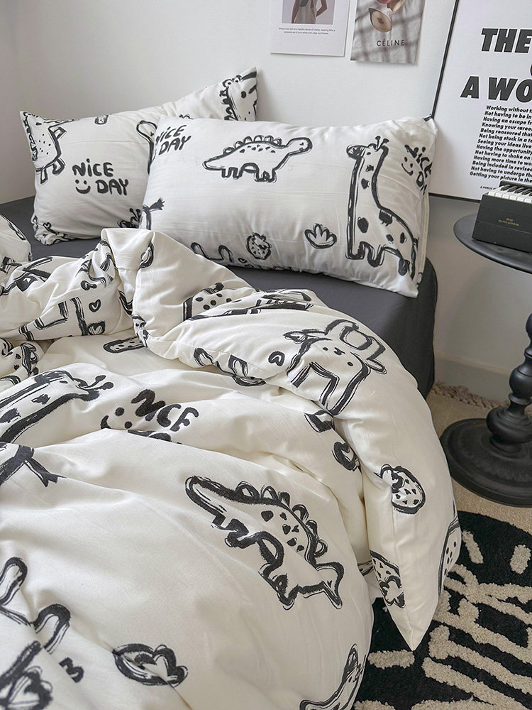 黑白涂鸦小恐龙简约卡通ins风水洗棉四件套床单1.8被套三件套床笠