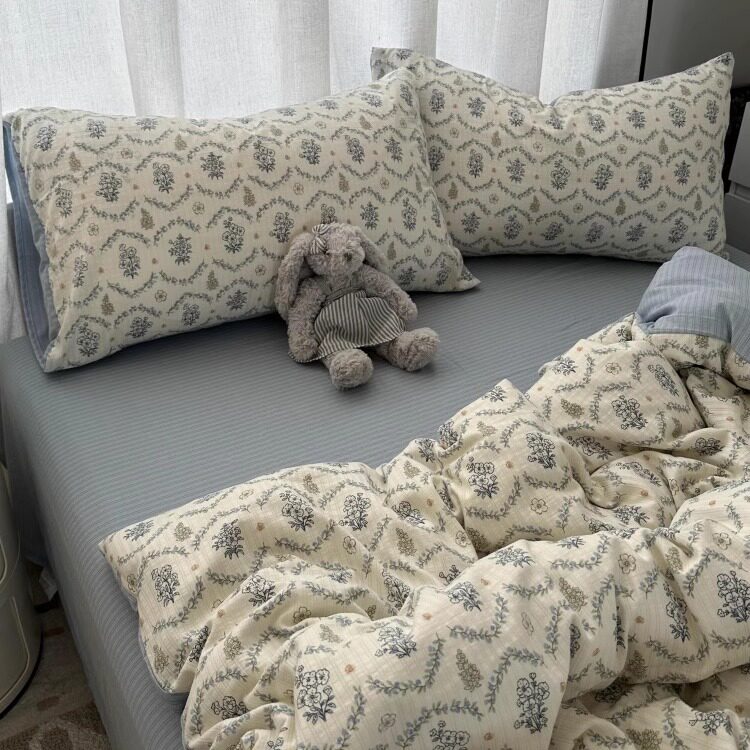 美式ins田园风小碎花泡泡水洗棉四件套床单纯色被套宿舍三件套1.8