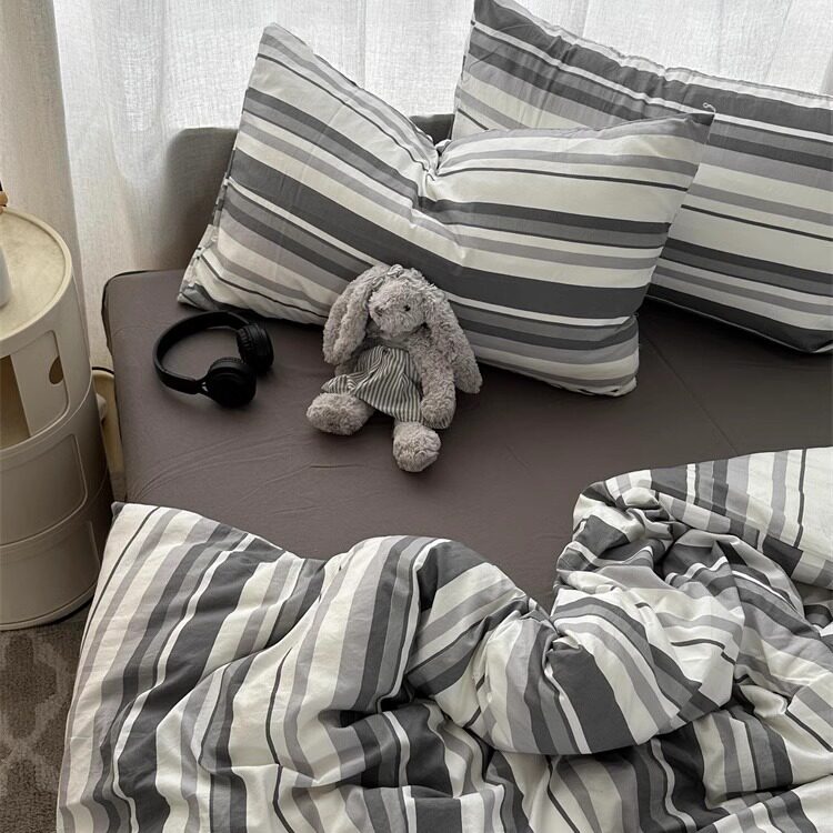 日式ins简约条纹水洗棉四件套床单纯色被套宿舍1.8m1.2三件套床笠