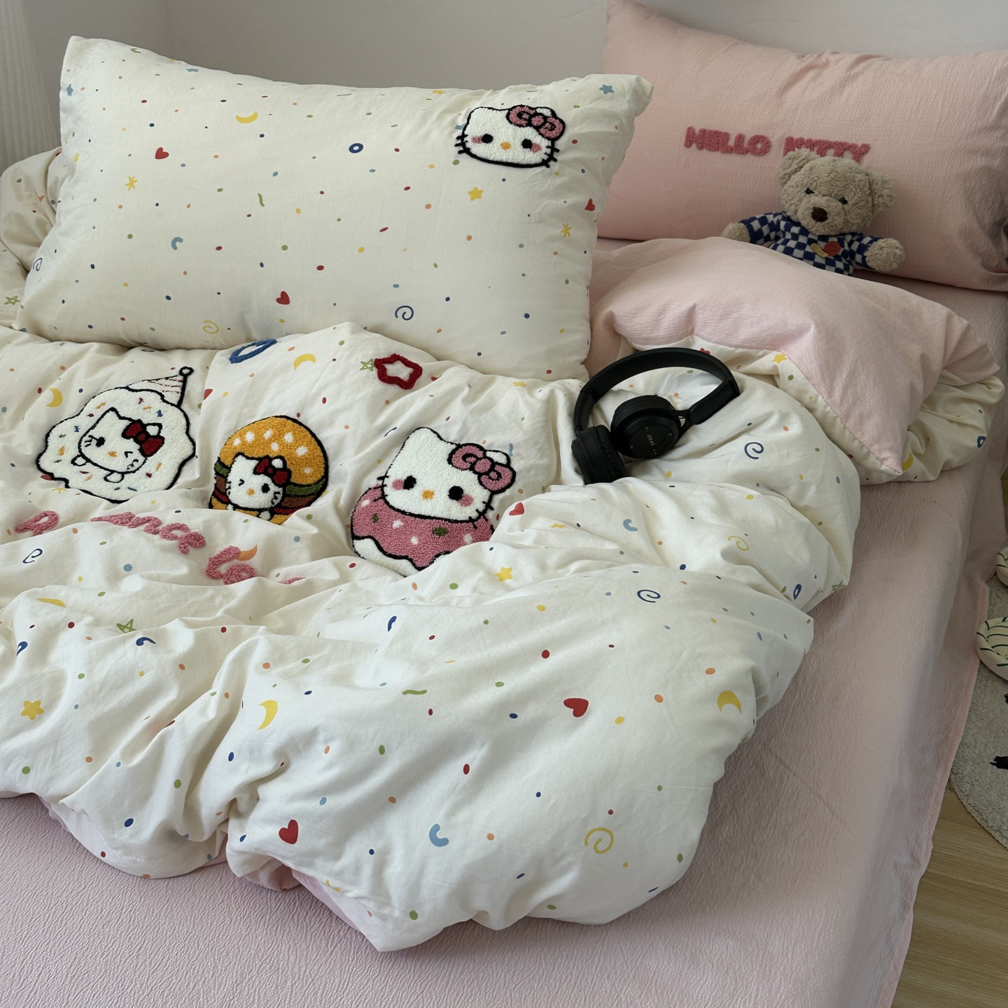 少女粉ins芝士碎可爱猫咪毛巾绣水洗棉四件套床单学生三件套床笠