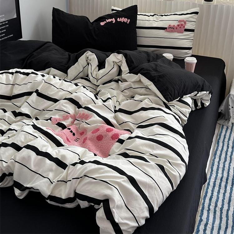 ins黑条纹卡通可爱猫咪毛巾绣水洗棉四件套床单纯色被套三件套1.8