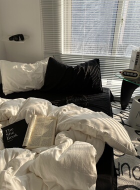 简约ins混搭风奶白黑色水洗棉四件套床单纯色被套宿舍三件套床笠