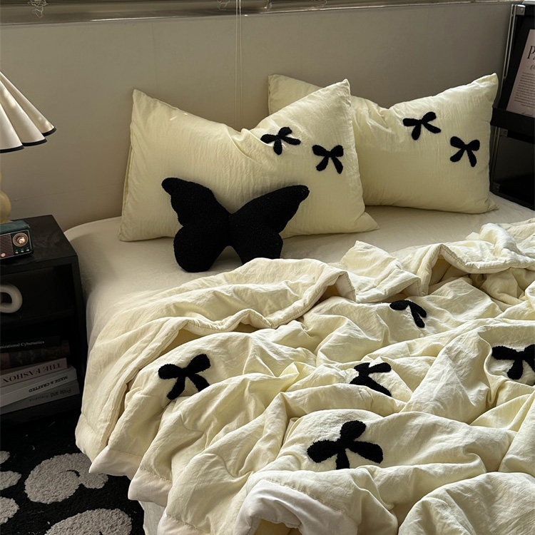 简约ins奶油少女蝴蝶结毛巾绣夏凉被四件套夏季空调被水洗棉三件