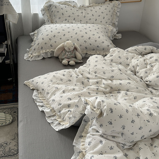 ins少女简约韩系双层花边水洗棉四件套床单学生宿舍三件套2m床笠