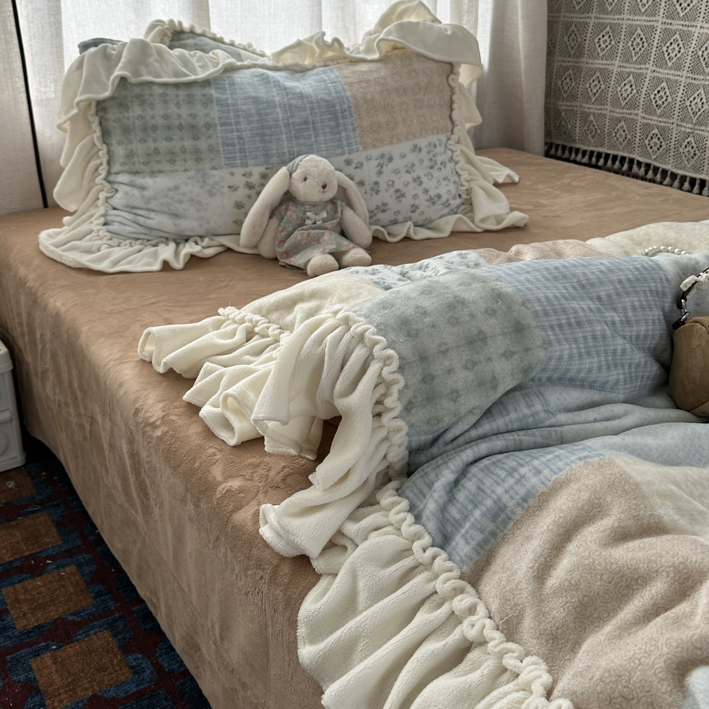 法式奶油花边ins田园拼接风加厚牛奶绒四件套冬天珊瑚绒三件套1.8