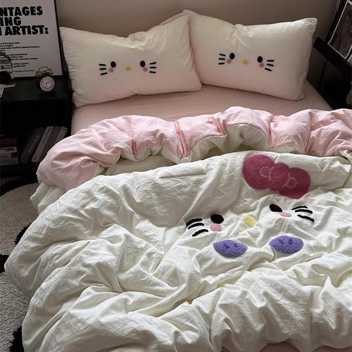 可爱猫咪毛巾绣水洗棉四件套床笠