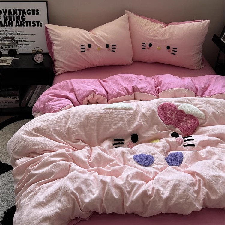 可爱猫咪玫粉色水洗棉四件套床笠