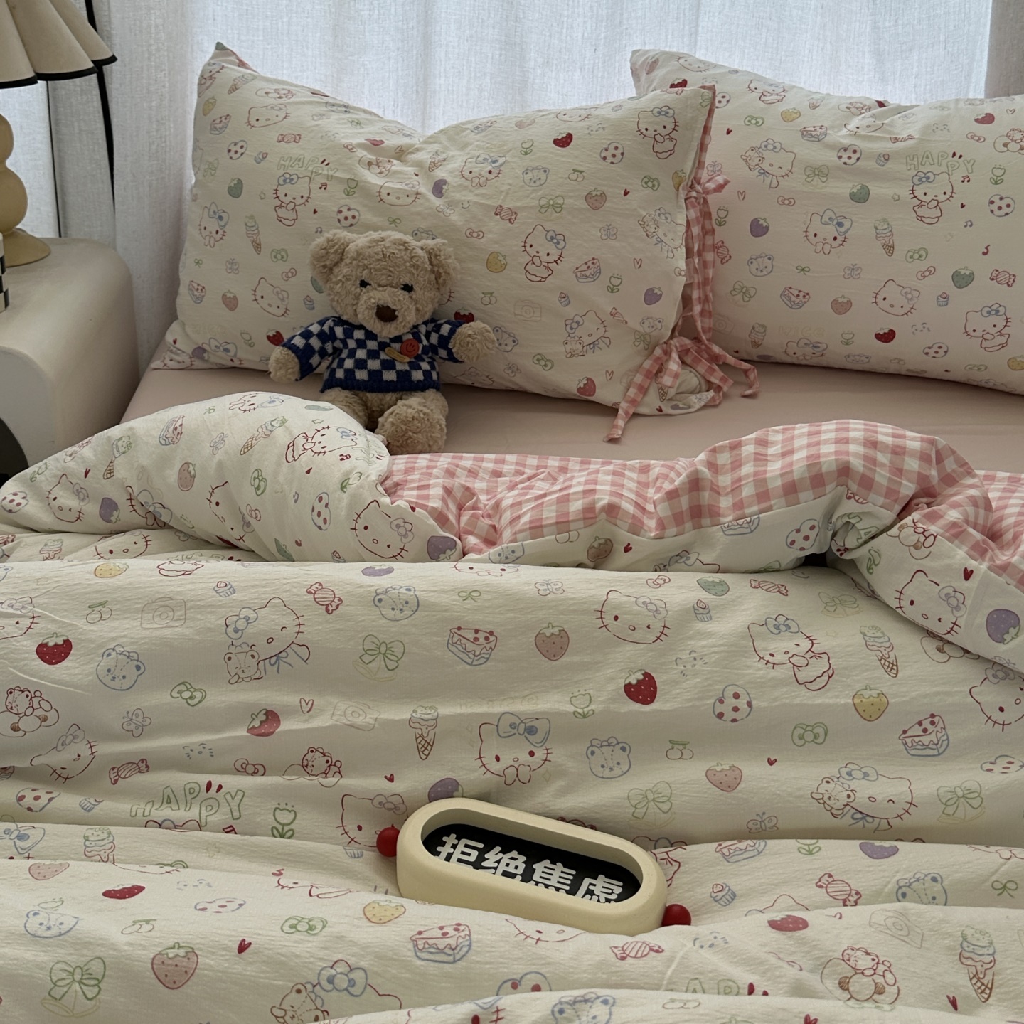 可爱小猫ins少女粉格子四件套