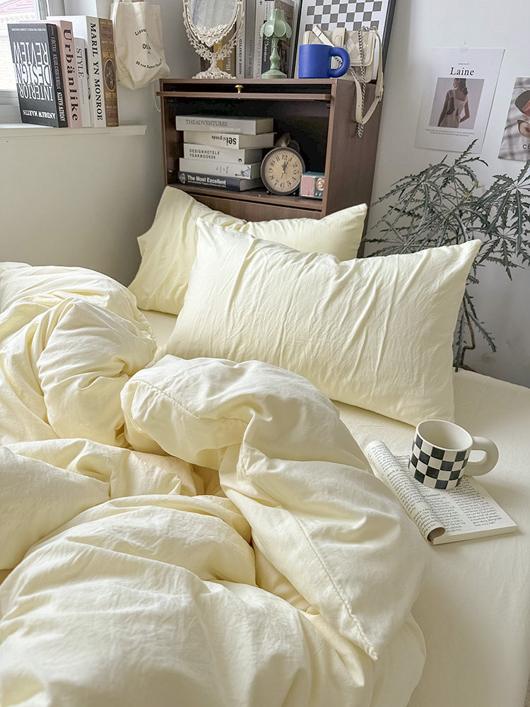 简约ins少女纯色奶油黄水洗棉四件套裸睡被套1.8床单三件套床笠款