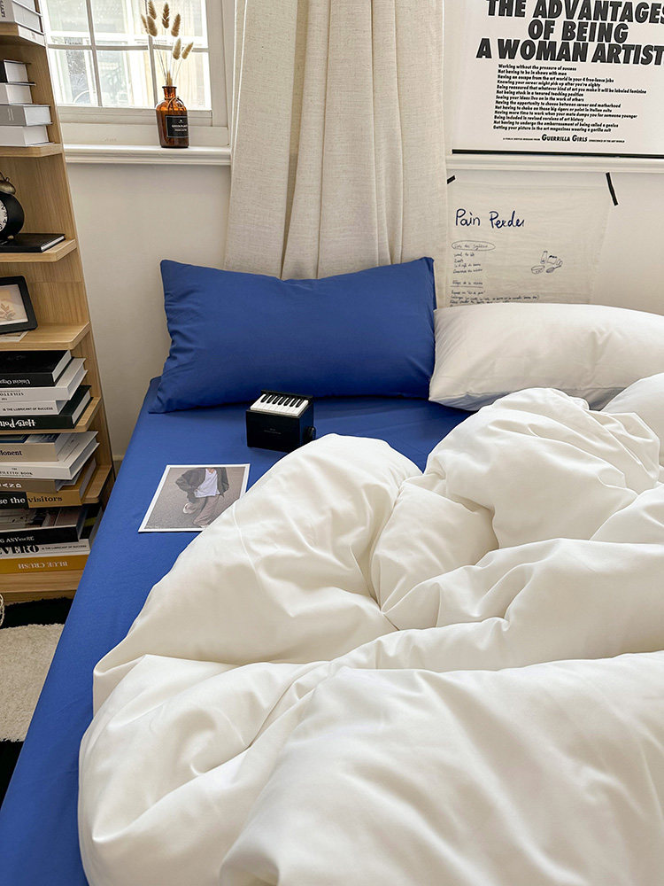 纯色克莱因蓝白ins高级混搭风水洗棉四件套床单1.8被套三件套床笠