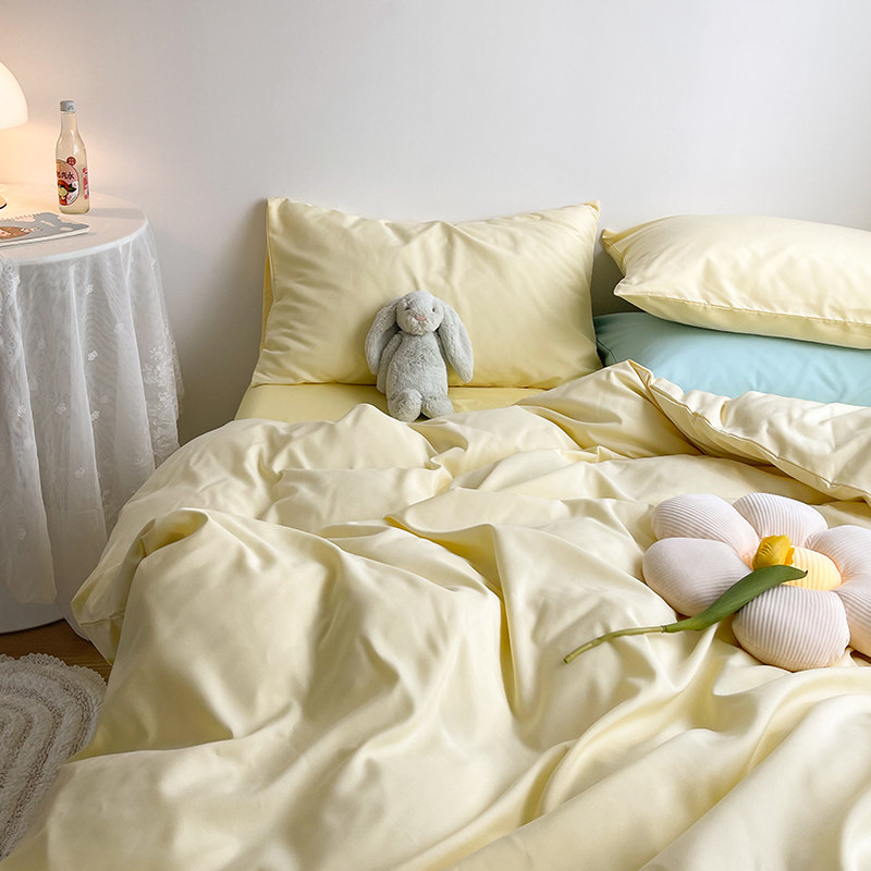 半熟芝士奶油黄~ins纯色水洗棉四件套被套1.8三件套宿舍床单床笠