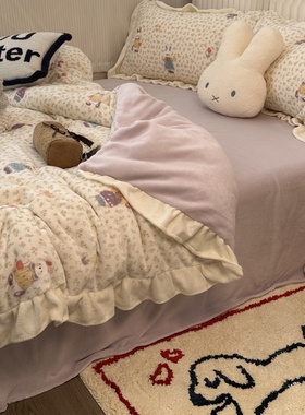 少女紫色ins田园小碎花兔兔牛奶绒四件套冬天珊瑚绒三件套床笠1.8