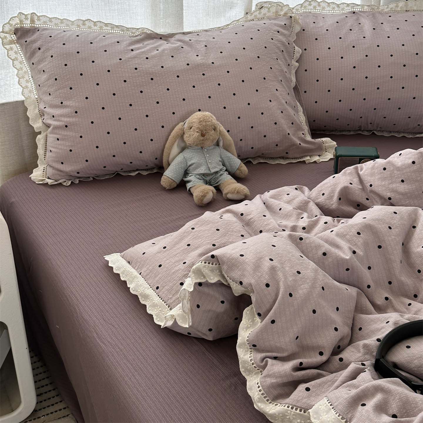 简约少女紫色波点ins花边水洗棉四件套床单纯色学生宿舍三件套1.8