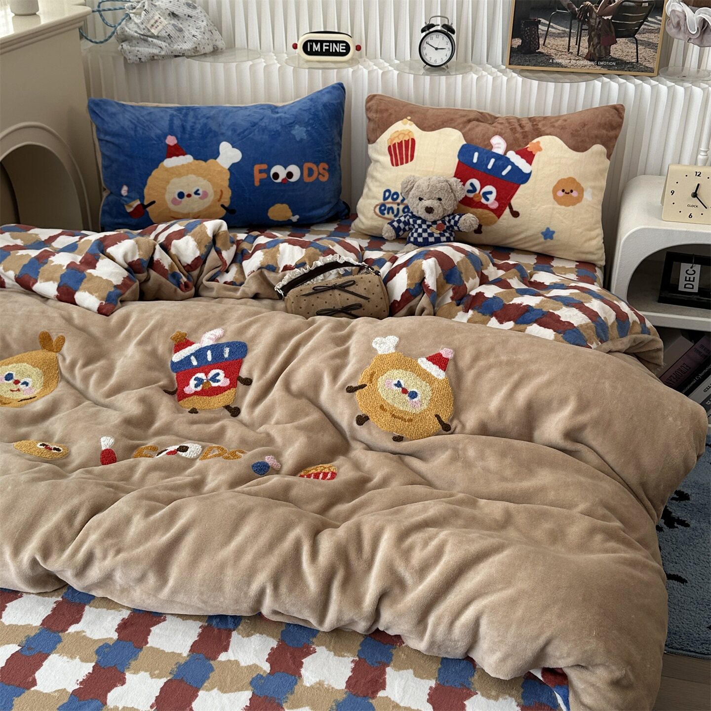 可爱少女心卡通ins可乐汉堡毛巾绣牛奶绒四件套冬季珊瑚绒三件套