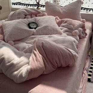 韩系公主少女粉色球球牛奶绒冬季四件套加厚兔毛绒保暖珊瑚绒床笠