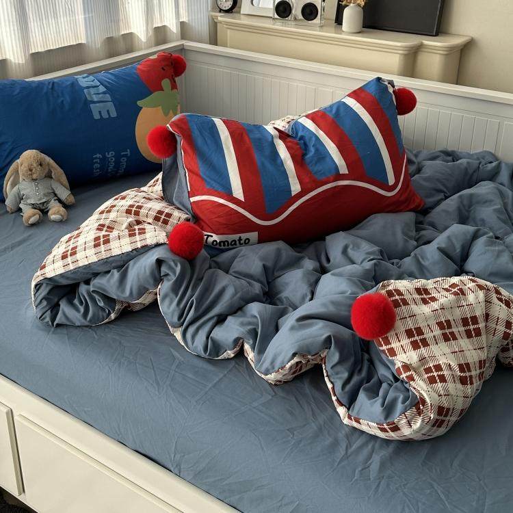 韩系ins少女心混搭可爱毛球款水洗棉四件套床单学生三件套床笠1.8,床上用品,床品套件/四件套/多件套,淘宝优惠券,粉丝福利购,淘宝优惠卷