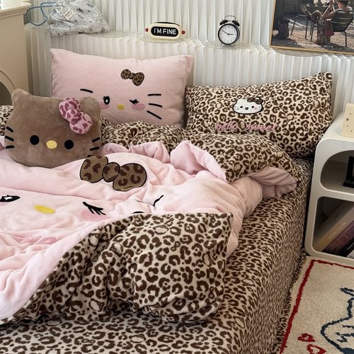 無绵丨可爱豹纹KT猫牛奶绒四件套