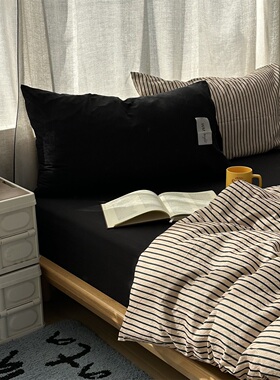 简约日式慵懒条纹ins水洗棉四件套床单黑色学生宿舍三件套床笠1.8
