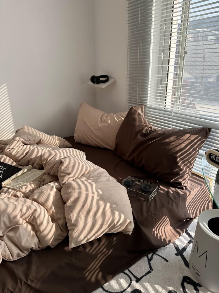 复古混搭风ins美拉德配色水洗棉四件套床单纯色被套宿舍三件套1.8