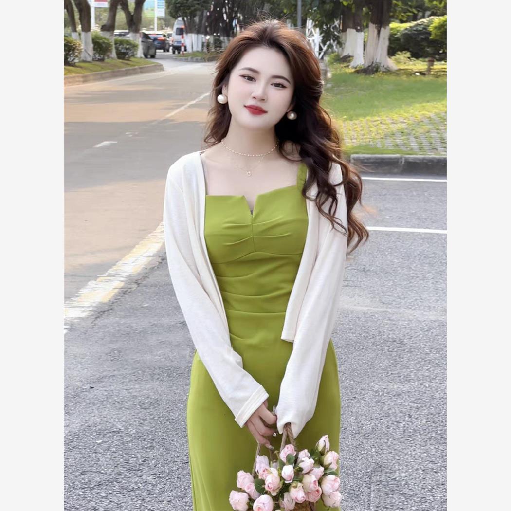 大码胖mm法式纯欲风吊带连衣裙套装女夏季开衫裙子显瘦遮肉两件套