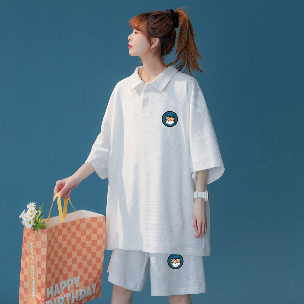 中性港风简约虎头印花polo运动华夫格套装男女TZ6725P75控98