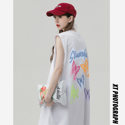 中性风新款夏季时尚百搭宽松蝴蝶印花纯棉短袖T恤DT65009P25控38