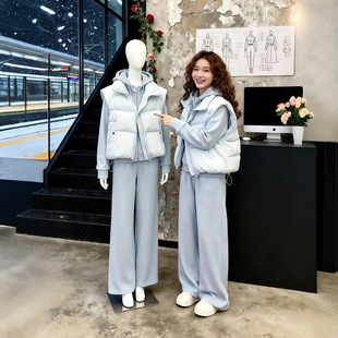入冬搭配一整套韩系穿搭蓝色卫衣叠穿加厚棉服棉衣阔腿裤三件套女